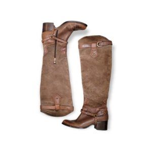 Boutique Women's Brown Leather Suede Round Toe Cuban Heel Riding Boots Size 9